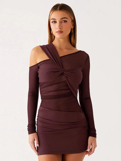 Inclined Shoulder Long Sleeve Sexy Mini Dress Women Fashion Mesh See Through Backless Ruched Club Party Dresses Female