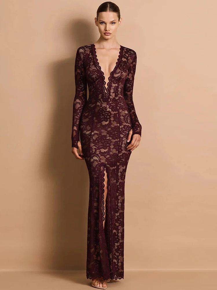 Lace Sheer Deep V Neck Sexy Maxi Mermaid Dress Women Elegant Long Sleeve Thigh High Split Bodycon Club Part Long Dress