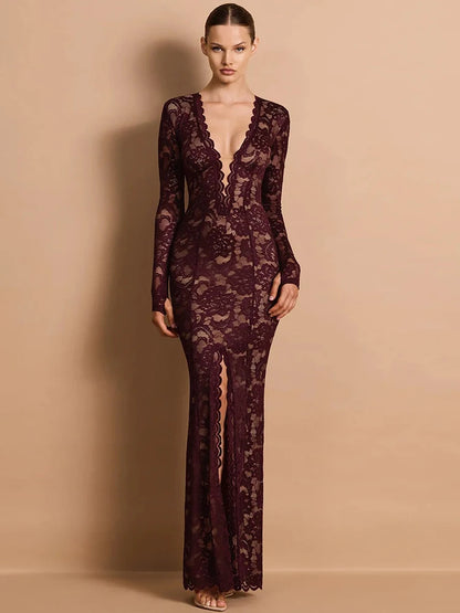 Lace Sheer Deep V Neck Sexy Maxi Mermaid Dress Women Elegant Long Sleeve Thigh High Split Bodycon Club Part Long Dress