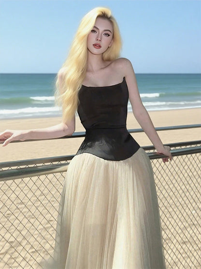 Patchwork Tierred Dress Women Sexy Strapless Mesh Elegant Princess Evening Birthday Party Simple Skinny Maxi Bodycon