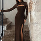 Women Lace Long Sleeve Maxi Dress Cutout Bodycon Slit Formal Evening Party Dress Black Elegant Wedding Guest Dresses