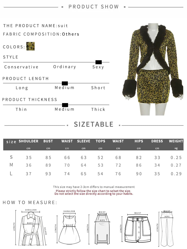 Wild Leopard Print 2Piece Set Woman Autumn Trend Furry Patchwork Full Sleeve Tops+Skinny Mini Skirts Street Style Outfits