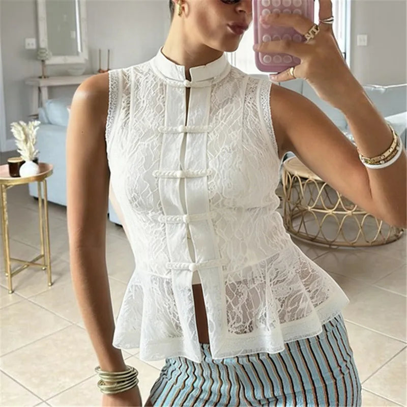Sexy Semi Sheer Lace Sleeveless Top with Mandarin Collar and Frog Buttons Peplum Hem for Y2K Going Out Streetwear