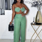 Vacation Beach Style 2 Piece Set Women Ruched Flower Bra Tops+Button Waist Straight Pants Fashion Sexy Trend Outfits