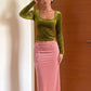 Velvet Elegant 2 Piece Set Woman Autumn Trend Square Collar Full Sleeve Crop Tops+Tassel Long Skirts Fashion Suits