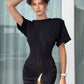 Short Sleeve Ruched Sexy Mini Dress Women Elegant Black Metal Buckle Half High Neck High Waist Bodycon Club Dress