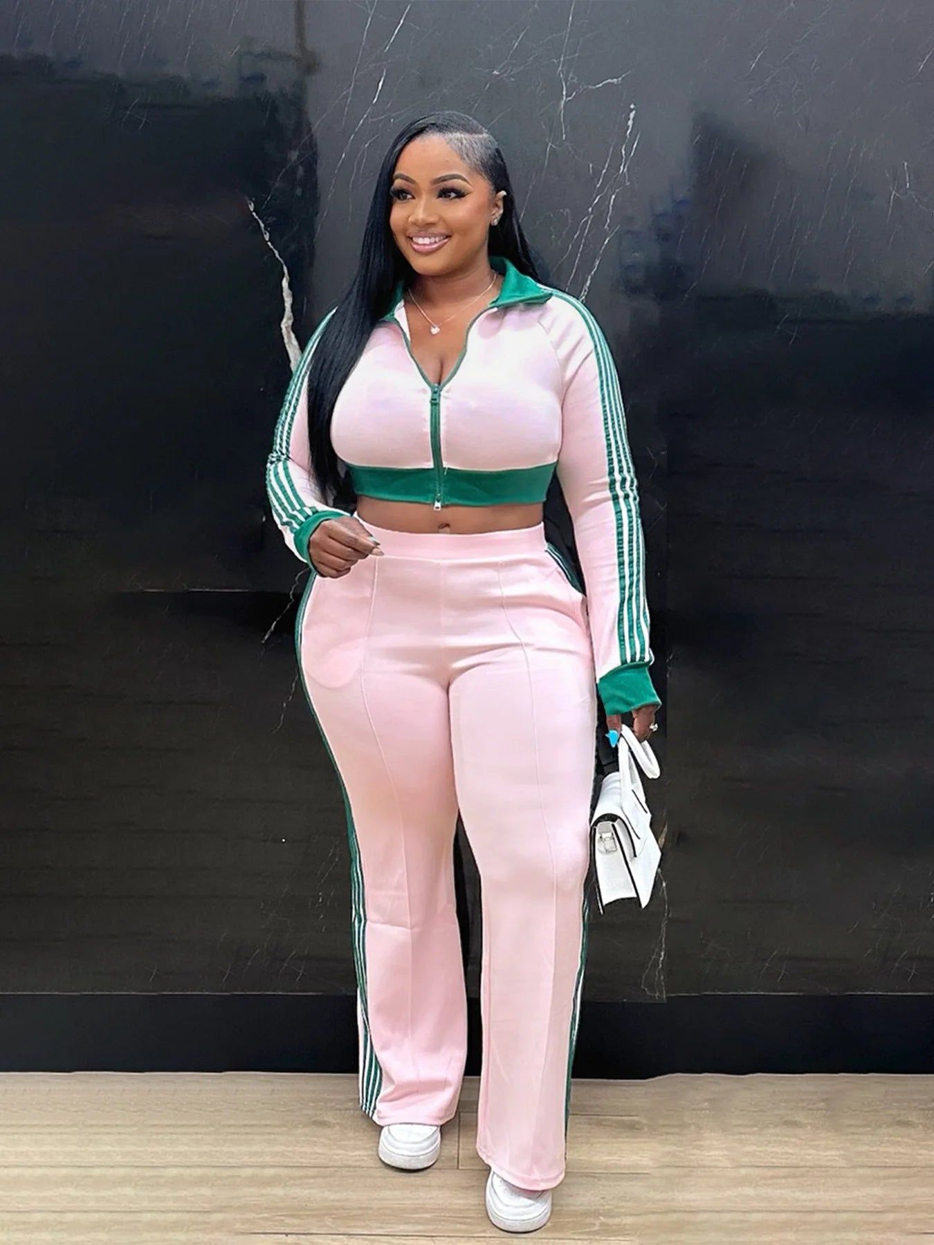 Sporty 2 Piece Set Women Tracksuit Casual Patchwork Zip Long Sleeves Crop Top+Stretch Pants Matching Street Outfits