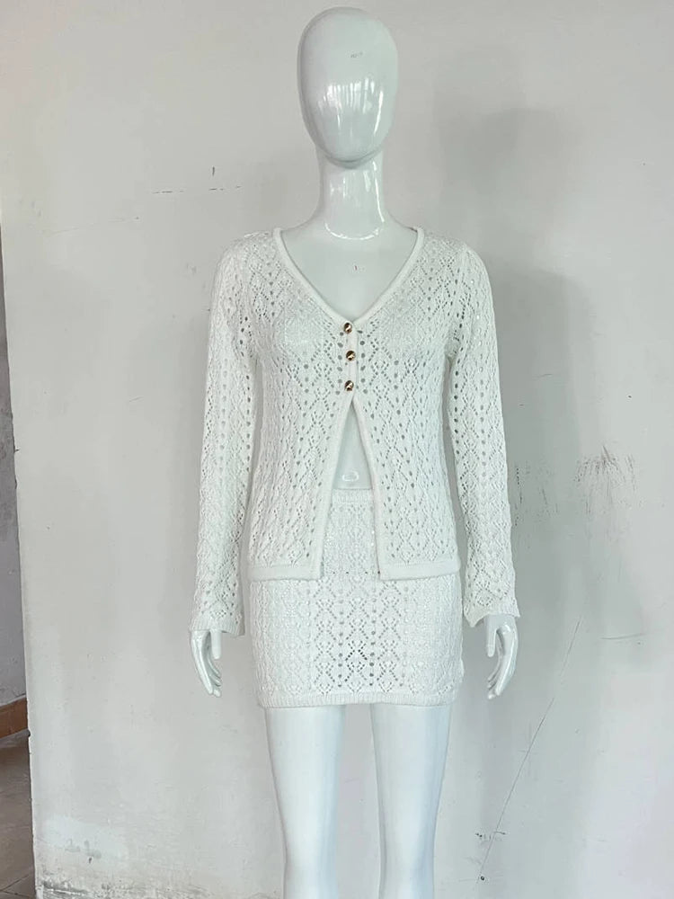Sexy Knit Skirt Two Piece Sets Women Fashion Hollow Out V Neck Long Sleeve Cardigans And Mini Skirt Matching Sets