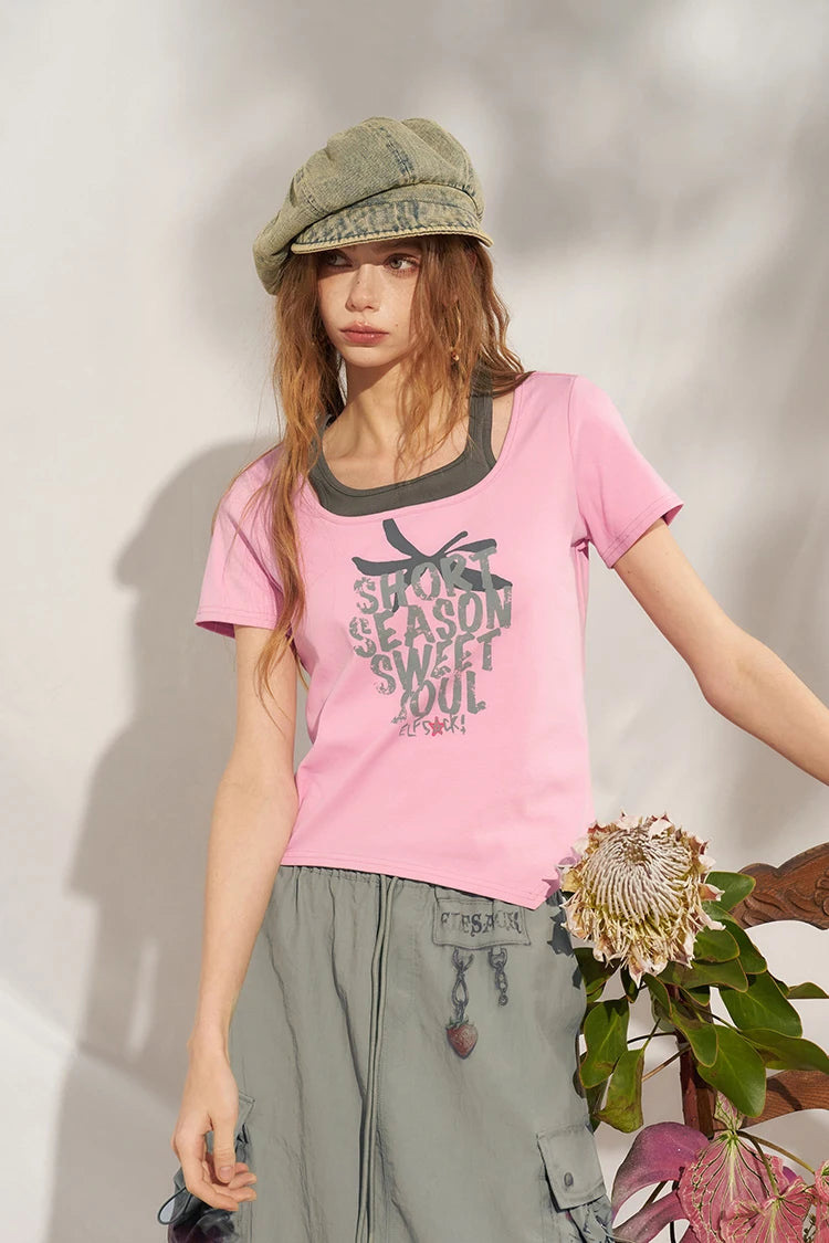 Women's Strawberry Letter Print Ribbed Knit T-Shirt, Cute Slim Fit Casual Streetwear Crop Top, 2 Colors Available