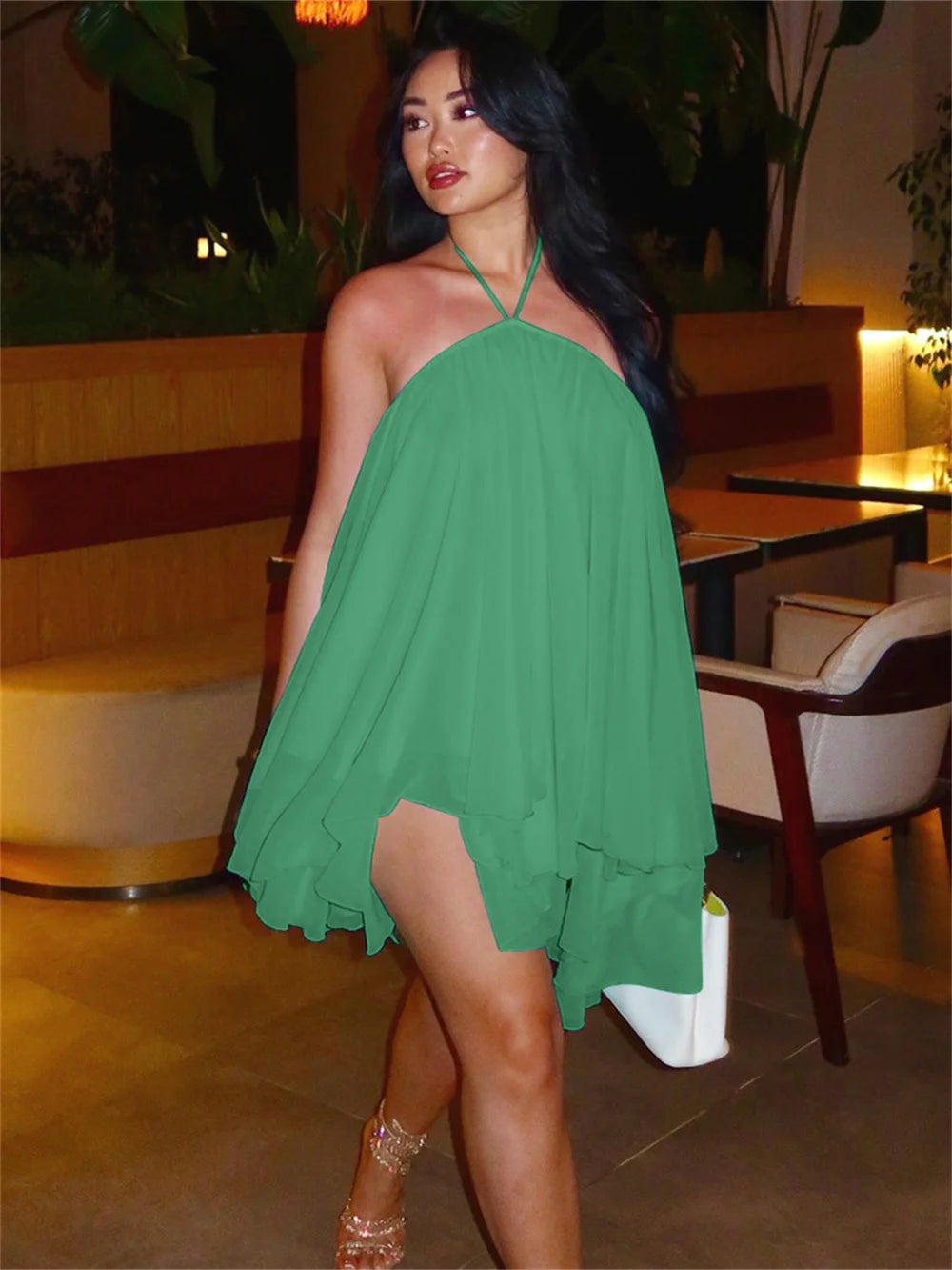 Halter Loose Dress Women Y2K Summer Sleeveless Backless Tiered Lrregular Hem Beach Vacation Sexy Trend Party Bodycon