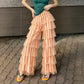 Women Striped Tiered Mesh Flare Pants High Waist Multi Layer Ruffle Tulle Wide Leg Bell Bottom Retro Streetwear Trousers