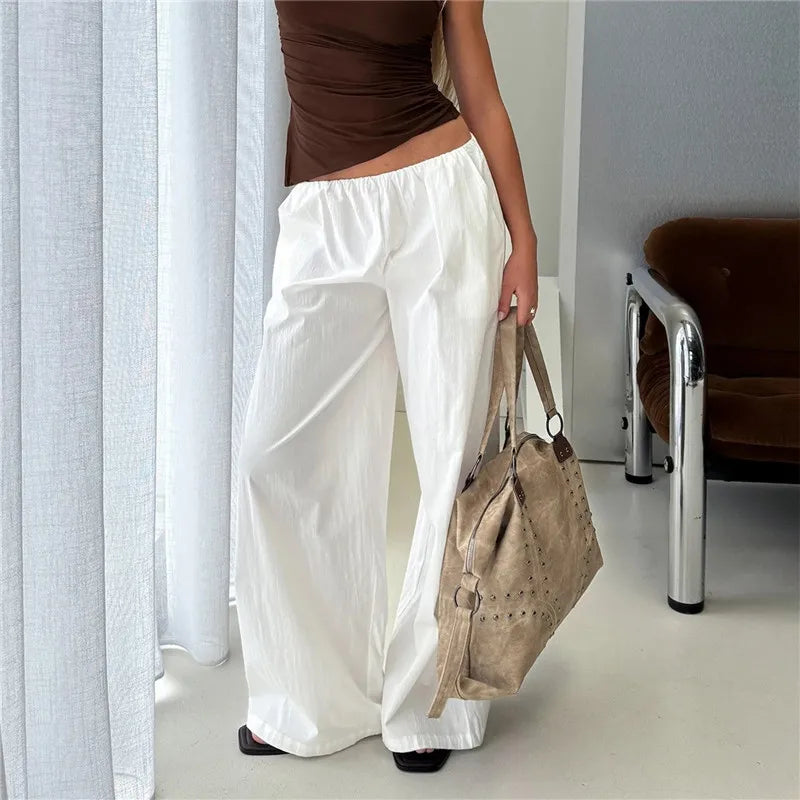 American Minimalist Elastic Waist Wide Leg Pants Women Oversized Draped Baggy Floor Length Casual Daily Office Trousers