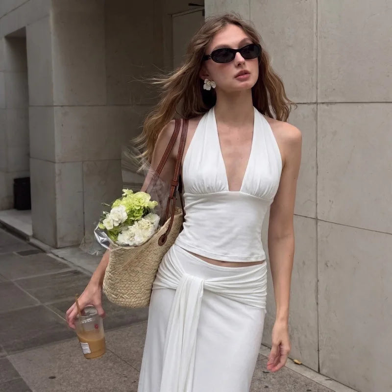 Two Piece Set Deep V-neck Halter Top and Ruched Maxi Skirt Sexy Summer All White Party Outfits for Woman