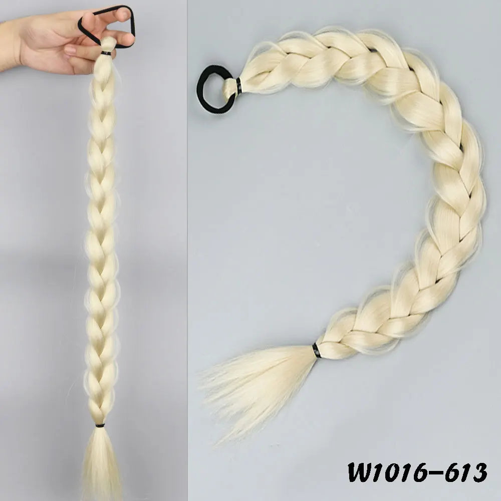 24inches Synthetic Long Braided Ponytail Hair Extensions for Women Black Brown Pony Tail with Hair Rope High Temperature Fiber