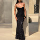 Flower-applique Lace-up Backless Maxi Dress Sexy Black Party Dresses Woman Elegant Evening Gown