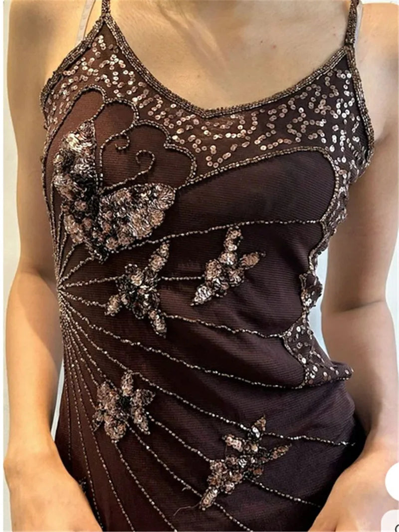 Sexy Sequin Slim Fit Irregular Strap Tank Crop Tops Versatile Sexy Hot Girl Summer Mesh See Through Sleeveless Tee Shirt