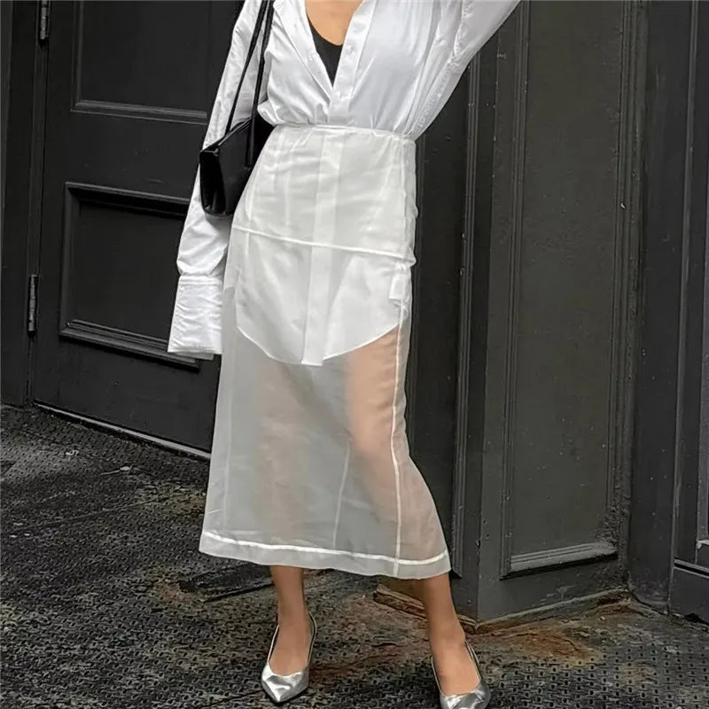Women Minimalist Sheer Mesh Layering Midi Skirt Transparent See-Through Trimmed Hem Versatile Overlay Skirt CasualOffice