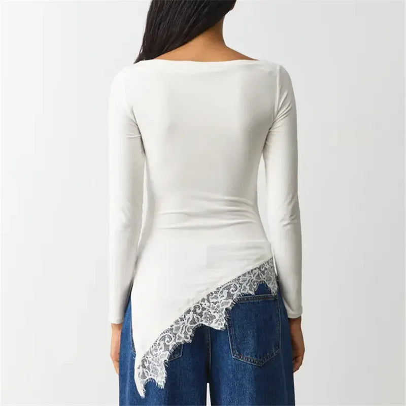 Women Boat Neck Long Sleeve Slim Fitted Top Ruched Side Asymmetrical Lace Hem Y2K Casual Daily Spring Fall Blouse Tops