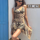 Sexy Leopard Slip Dress Women Mesh Irregular Stripe Print Patchwork Tierred Low Chest Skinny Hottie Clubwear Bodycon