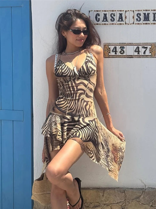 Sexy Leopard Slip Dress Women Mesh Irregular Stripe Print Patchwork Tierred Low Chest Skinny Hottie Clubwear Bodycon
