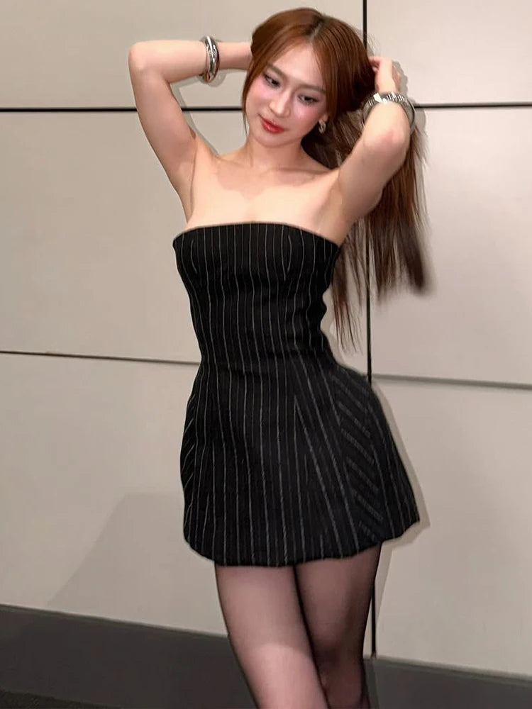 Stretch Dress Women Stripe Trend Sleeveless Coquette Midnight Party Clubwear Skinny Sexy Fashion Chic Hottie Mini Bodycon