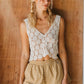 Women Crochet Lace Sleeveless Crop Top V Neck Button Down Floral Hollow Out Tank Top for Summer Beach and Vacation