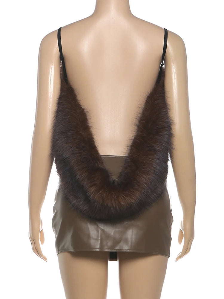 Hipster Sexy 2-Piece Set Women Fur Backless Camisole+Zip Peach Hip Pu Skirt Matching Skinny Clubwear Luxury Wild Outfits