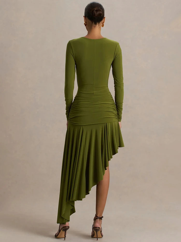 Irregular Long Sleeve Sexy Maxi Dress Women Gown Elegant Diagonal Collar Split Ruffle Ruched Club Party Long Dresses