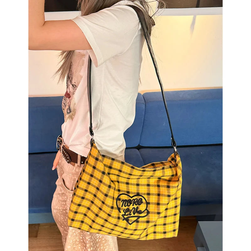 Retro Plaid Crossbody Bag with Heart Letter Embroidery, Large Capacity Tote for Women, Preppy School Messenger Bag
