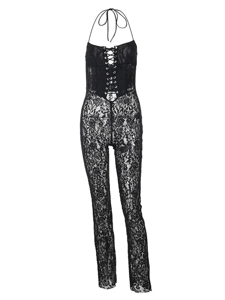 Coquette Women Jumpsuit Sheer Flowers Backless Voluptuous Seduction Drawstring Halter Straight Nightclub Overalls