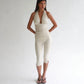 Women's Y2K Sexy Halter Neck Backless Deep V Neck Ruched Bodycon Capri Length Jumpsuit Solid Color Slim Fit Streetwear