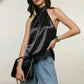 Women Black Satin Polka Dot Halter Top Sleeveless Lace Trim Asymmetrical Hem Open Back Blouse Y2K Coquette Streetwear