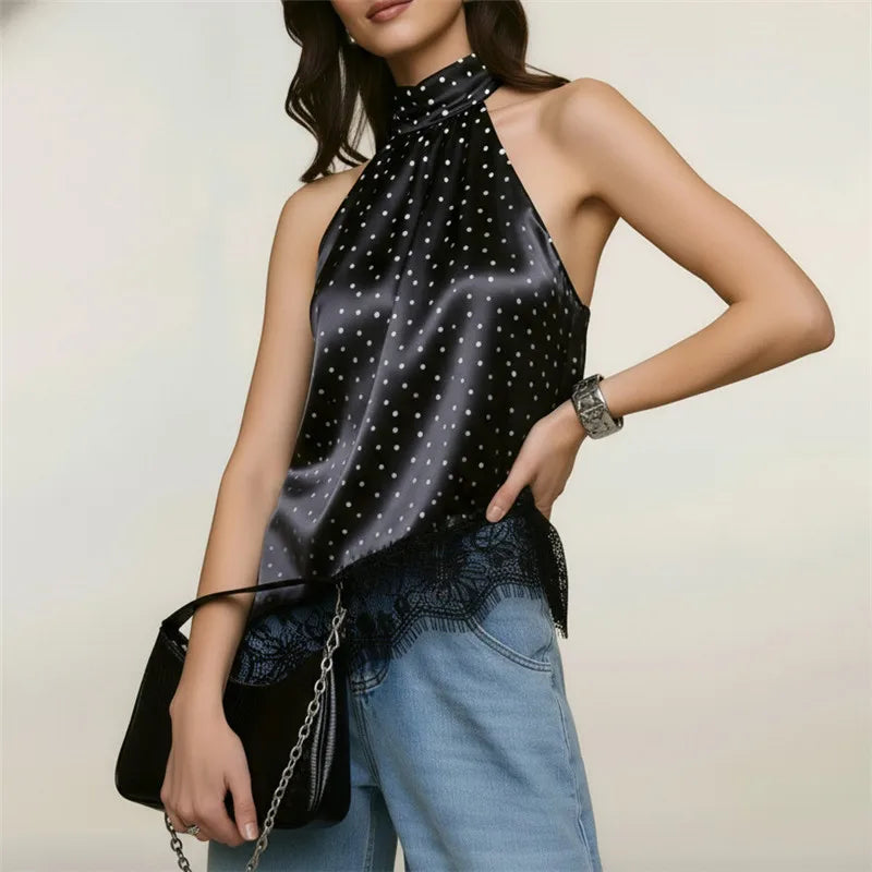 Women Black Satin Polka Dot Halter Top Sleeveless Lace Trim Asymmetrical Hem Open Back Blouse Y2K Coquette Streetwear