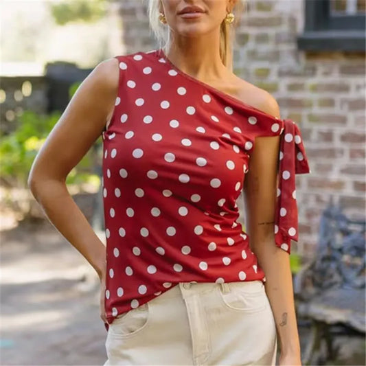 Elegant Polka Dot One Shoulder Top for Women Tie Detail Slim Fit Ruched Casual Summer Daily Wear Streetwear Party Outfit