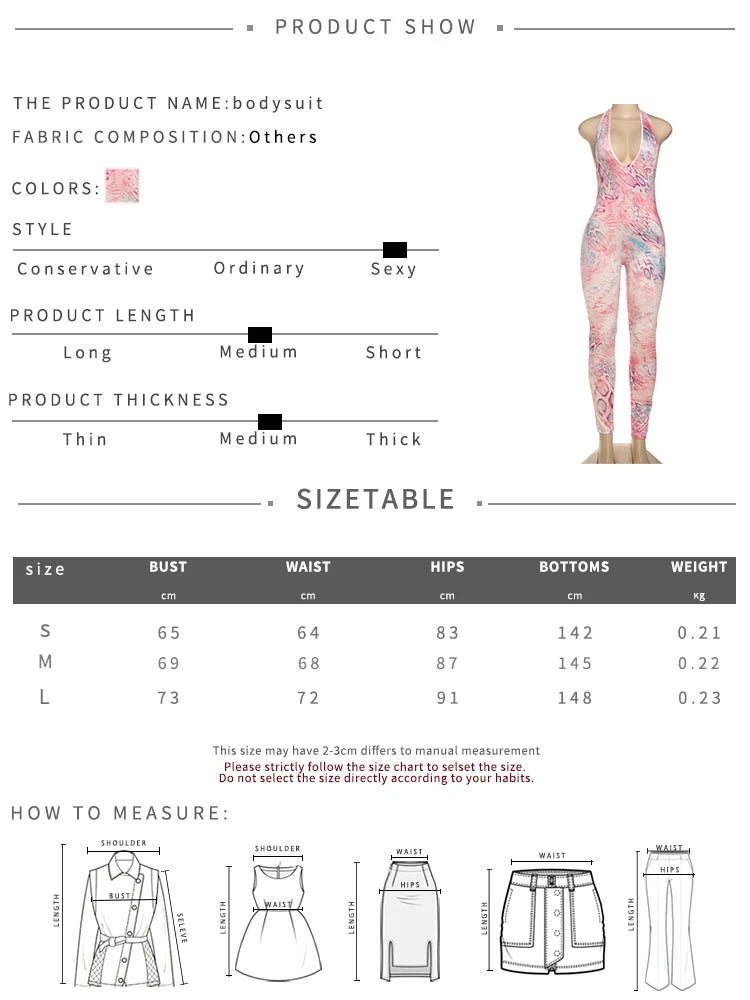 Colorful Print Jumpsuit Women Halter Deep v-Neck Sexy Backless Sleeveless Skinny Peach Hip Street Activity Overalls
