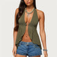 Y2K Women Open Front Halter Camisole Deep V O-Ring Decor Back Tie Backless Ruffle Hem Sleeveless Retro Street Party Tank