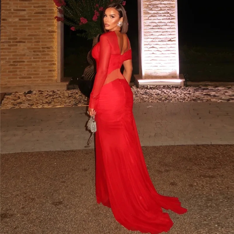 Mesh Sheer Sexy Red Evening Party Dresses Woman Elegant Christmas Asymmetrical Cutout Long Sleeve Maxi Dress