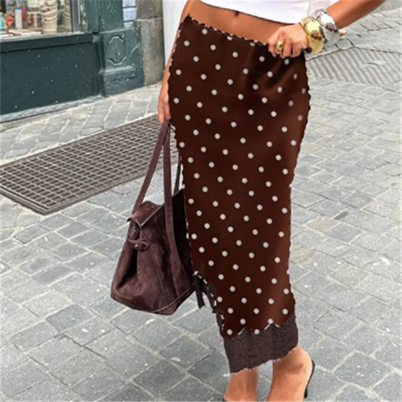 Women Elegant Lace Satin Spliced Midi Skirts Sexy Dots Print High Waist Retro Casual Straight Midi Skirts Y2K Streetwear
