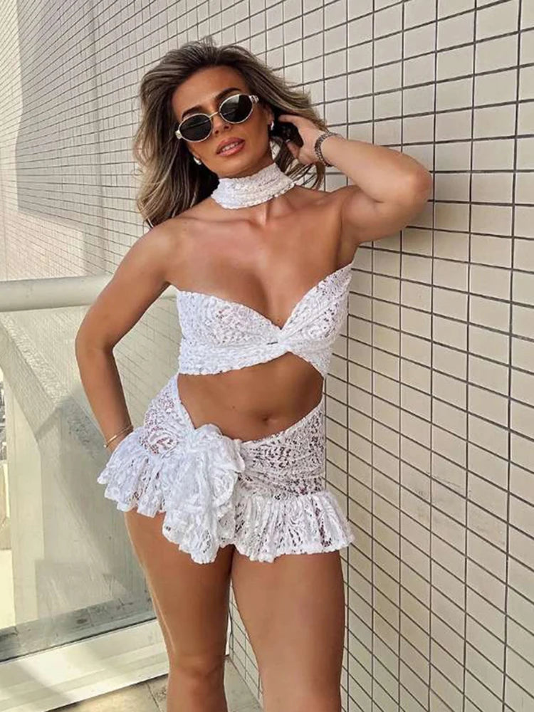 Sexy See Through 2 Piece Set Women Halter Cross Low-Neck Bandages Mini Tops+Ruched Lace-Up Skirts Y2K Style Outfits
