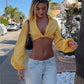 Women Deep V Front Twisted Knot Cropped Blouse Lapel Collar Long Lantern Puff Sleeve Slim Crop Top Solid Casual Shirt