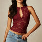 Women Sleeveless Halter Lace Crop Top Keyhole Cutout Front Mock Neck Sheer Floral Lace Slim Fit Scalloped Hem Tank Top