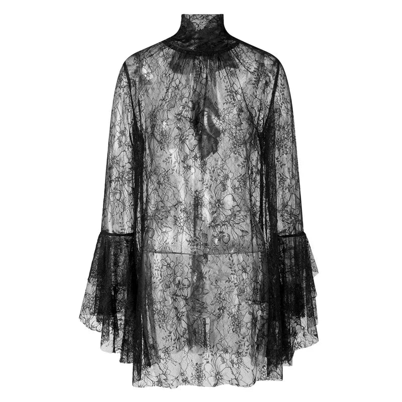 Coastal Beach Sheer Lace Cover Up Mini Dress High Neck Flare Sleeve Bikini Wrap Vacation Resort Swim Outerwear