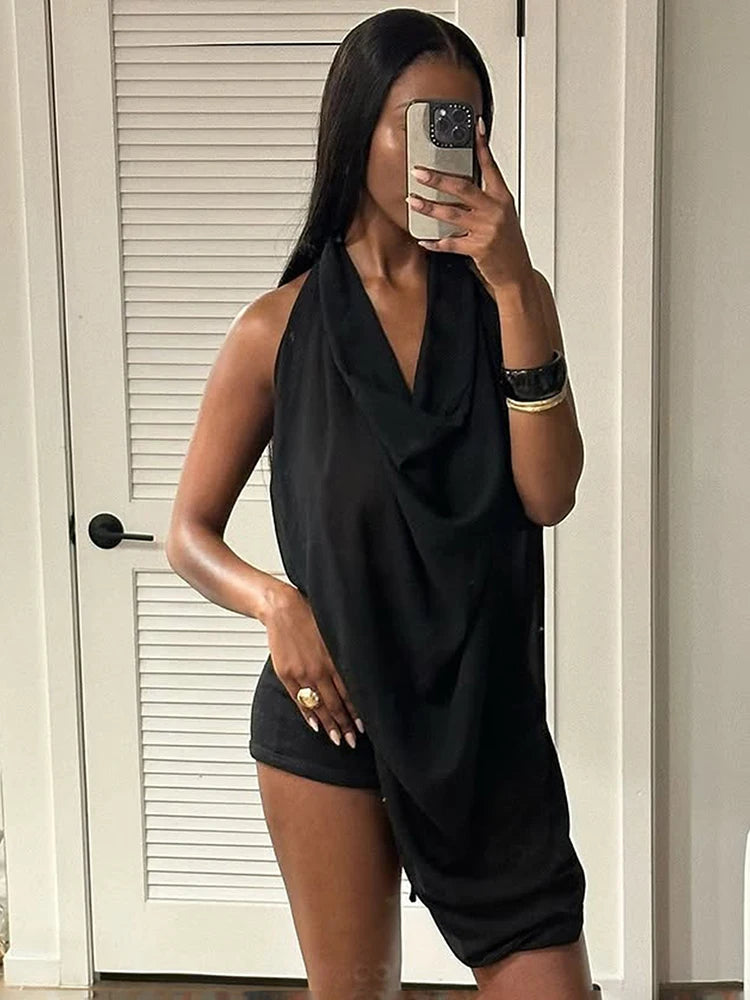 Vacation Summer Trend Backless Tank Top Women Sexy See through Halter Swing Collar Irregular Hem Fashion Party Club Vest