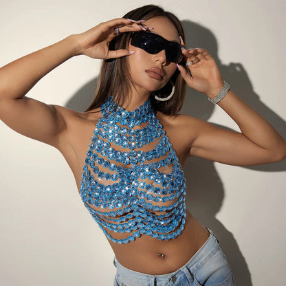 Women Crystal Chain Halter Crop Top Backless Rhinestone Linked Discs Bralette Sexy Sparkly Body Jewelry Party Clubwear