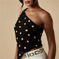 Women Y2K Polka Dot Mesh Top One Shoulder Asymmetric Hem Sheer See-Through Chiffon Halter Top Going Out Streetwear