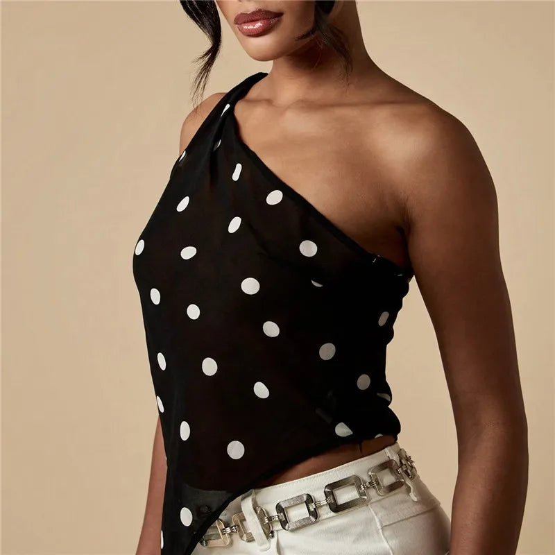 Women Y2K Polka Dot Mesh Top One Shoulder Asymmetric Hem Sheer See-Through Chiffon Halter Top Going Out Streetwear