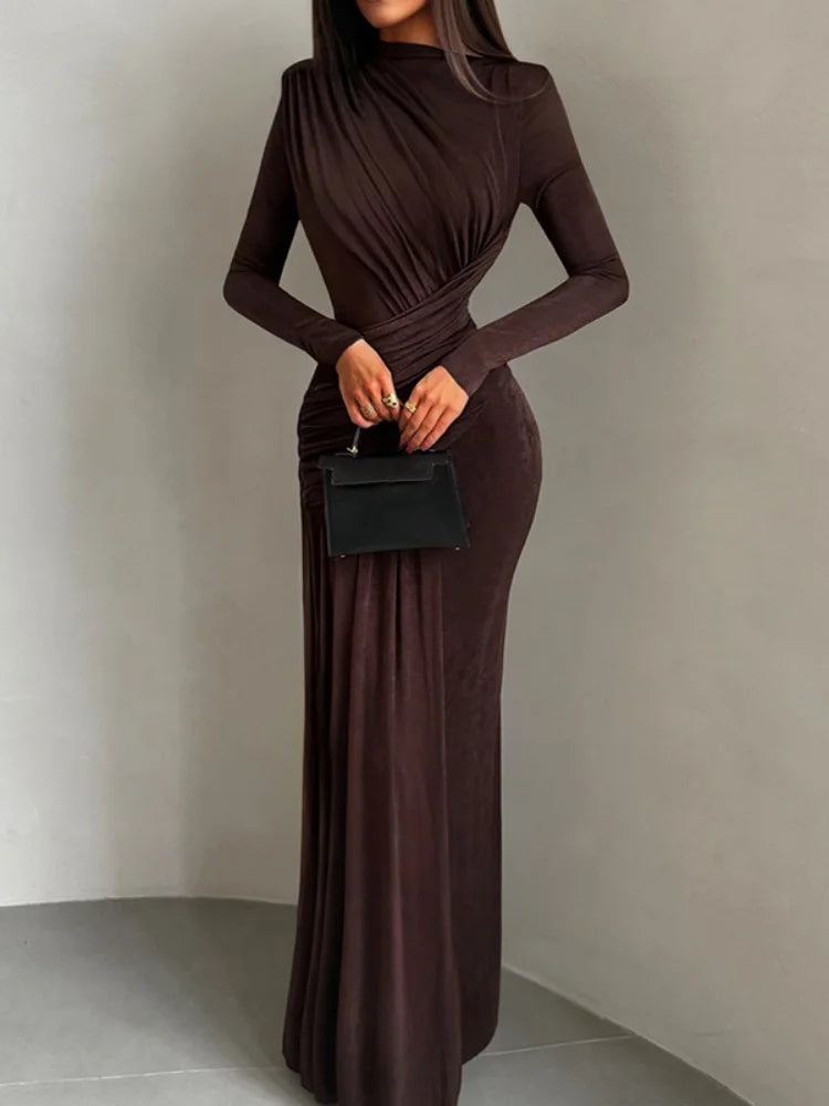 Long Sleeve Pleated Maxi Dress Elegant Woman Clothing Evening Wear Party Dresses Fall Winter