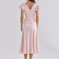 Women Satin Sexy Midi Dress Deep V Neck Lace Trim Ruffle Short Sleeve A Line Dress Wedding Guest Evening Party Dress