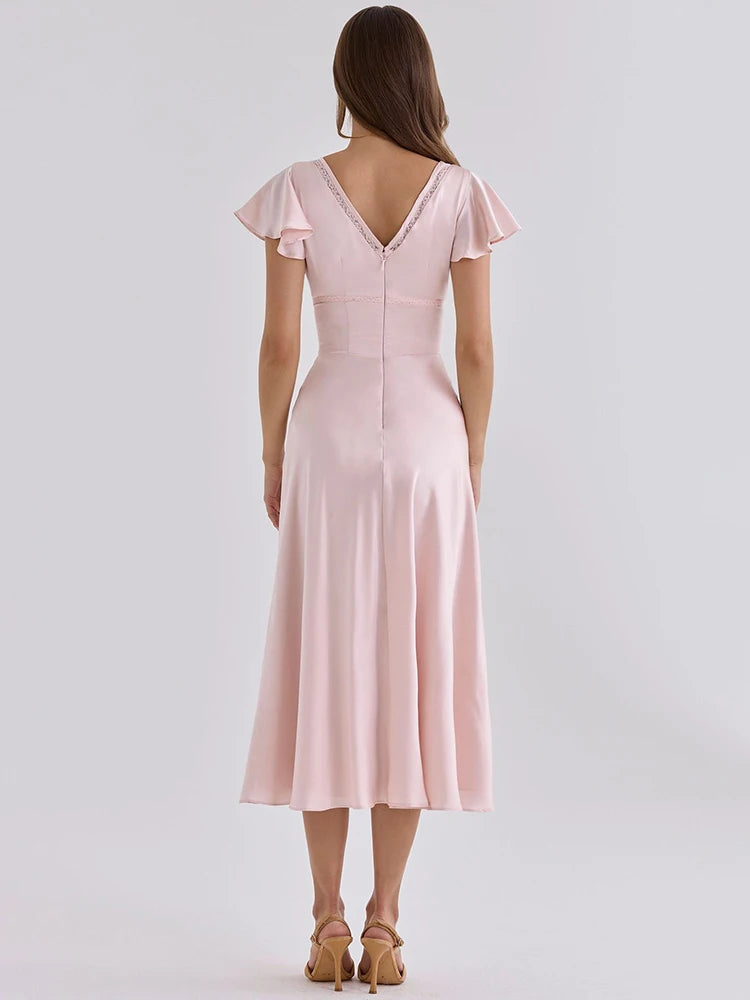 Women Satin Sexy Midi Dress Deep V Neck Lace Trim Ruffle Short Sleeve A Line Dress Wedding Guest Evening Party Dress