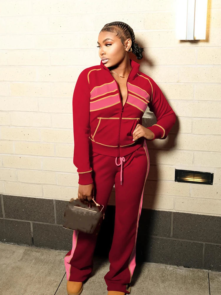 Fashion 2Piece Set Woman Contrast Patchwork Full Sleeve Zip Cardigan Jacket+Drawstring Long Pants Sporty Casual Tracksuit